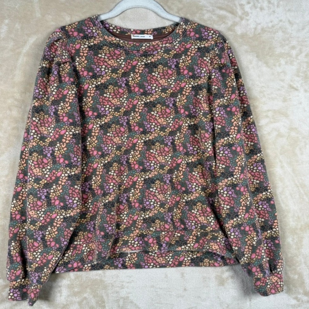 Marine Layer Womens M Enya Puff Sleeve Floral Multicolor Sweatshirt Boho Autumn